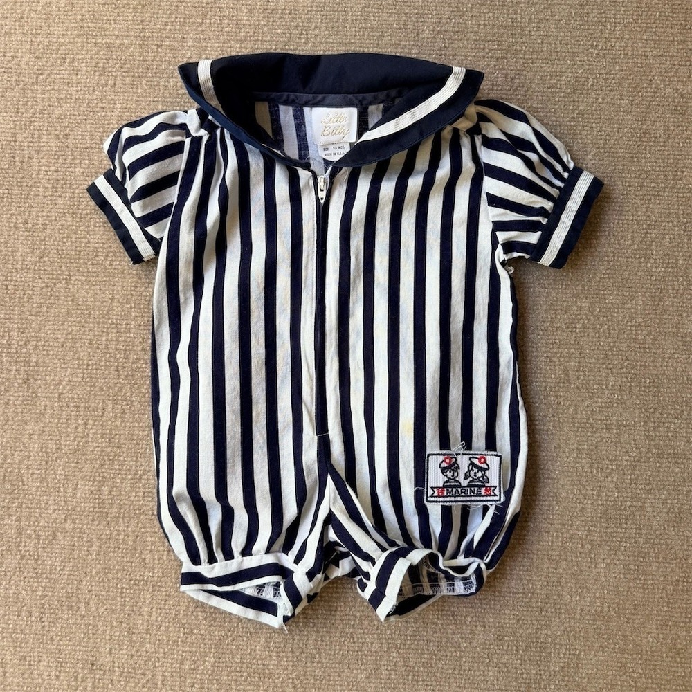 Little Bitty Baby Romper Boys 18 Months Navy & White‎ Stripe Sailor Zip vintage